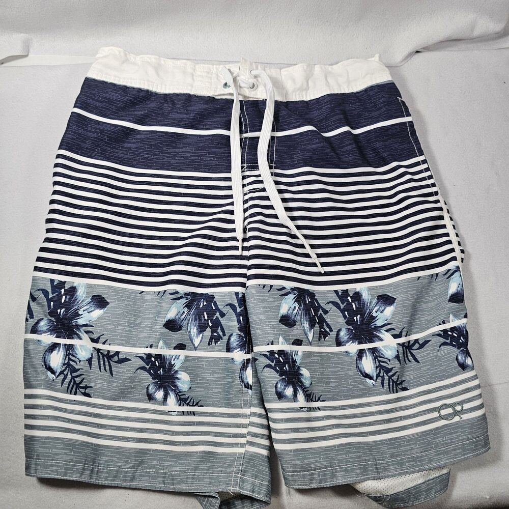 OP Stretch Mens 32/34 Swim Trunks Board Shorts Blue White Grey